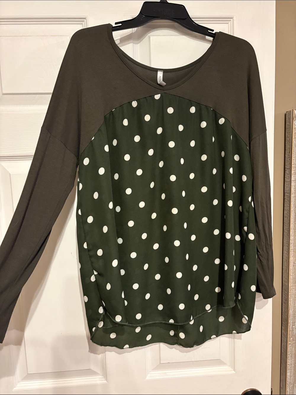 Polka Dot Long-Sleeve Mixed Fabric Top - Olive/White